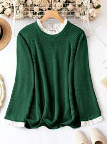 SHEIN LUNE 大碼針織衫,繡花空氣孔,荷葉邊,襯衫袖 - 綠色 - 查看 1