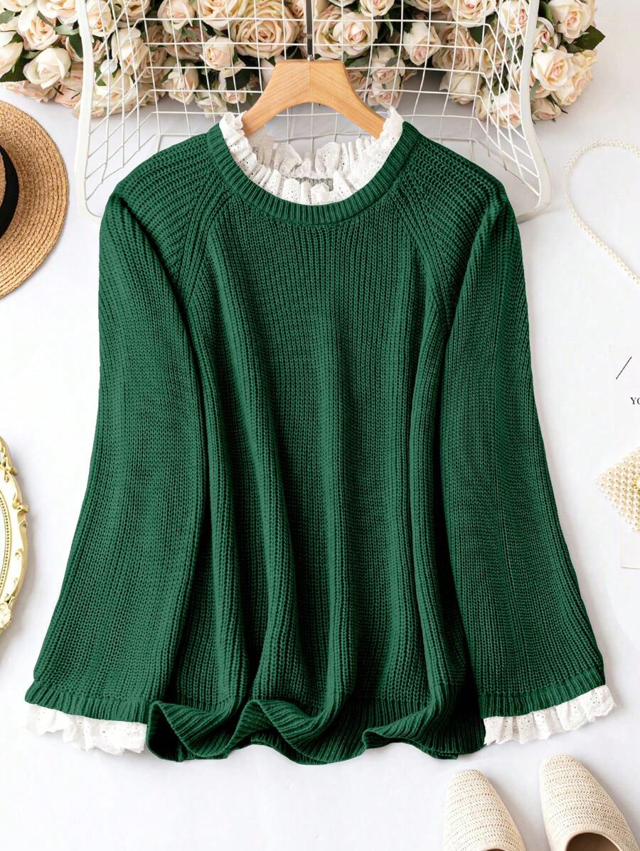 SHEIN LUNE 大碼針織衫,繡花空氣孔,荷葉邊,襯衫袖 - 綠色 - 查看 1