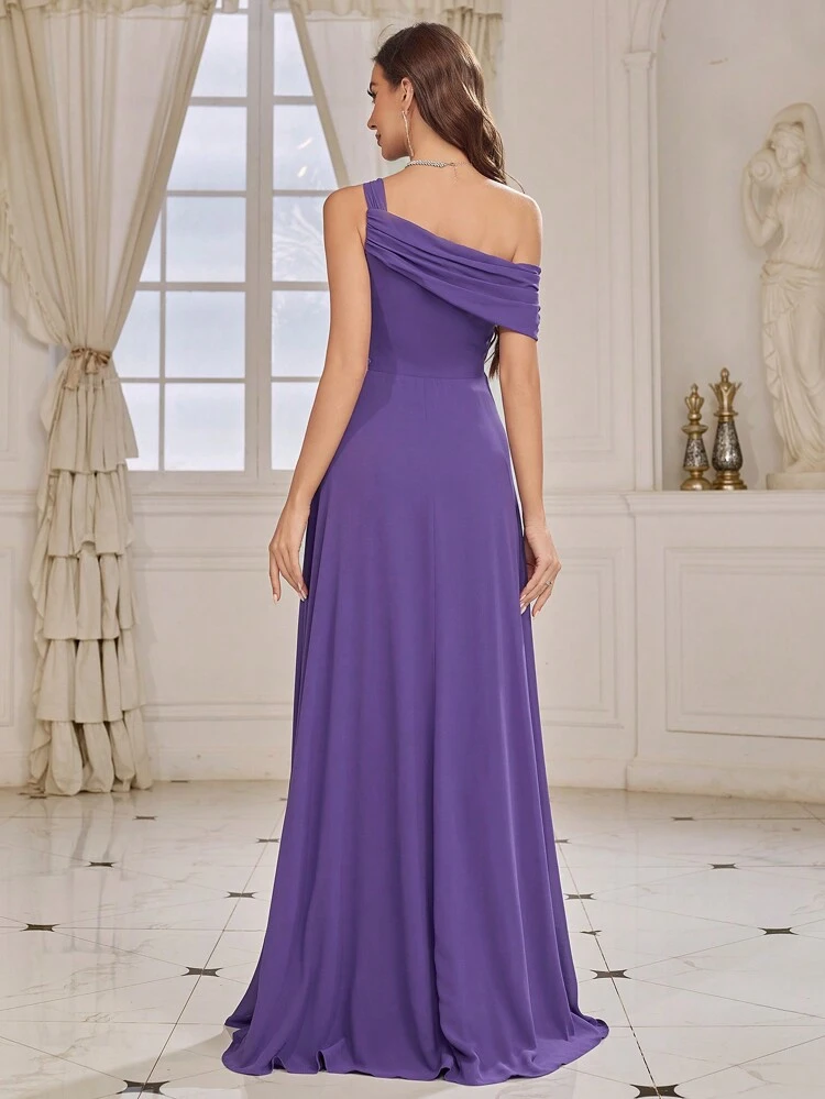 Asymmetrical Neck Bridesmaid Dress With Flower Embroidery And Patchwork
