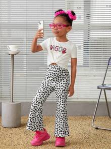 女童日常休閒針織短袖圓領上衣和短褲套裝,適用於家居 - 彩色 - 查看 3