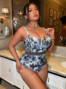 Swim EVENT 女士加大码全身印花连体泳衣，适合夏季海滩度假 - 黑色 - 查看 6