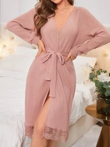 Bata De Encaje Para Mujeres Con Cinturón Y Parches Decorativos - Rosa vieja - Ver 5