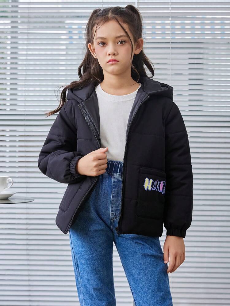 Tween Girl Hooded Padded Coat With Printed Letter & Bear Pattern