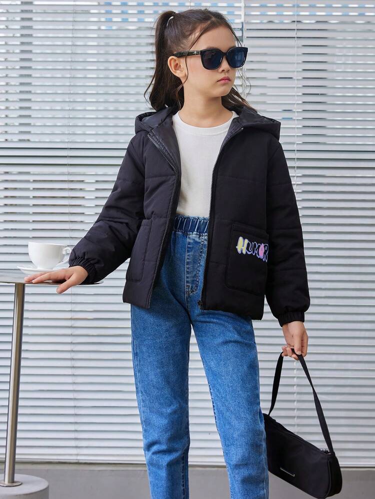 Tween Girl Hooded Padded Coat With Printed Letter & Bear Pattern