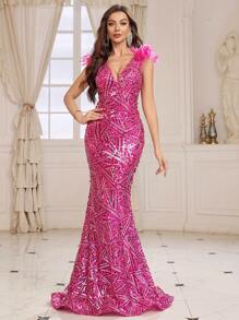 SHEIN Belle Vestido De Gala Formal De Noche De Pluma De Hombro Para Mujer (estilo De Alta Resistencia) - Rosa - Ver 5