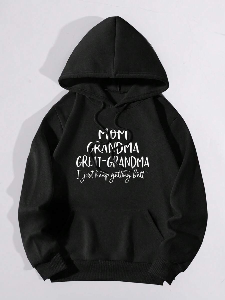 大码女式时尚袋鼠口袋字母图案卫衣 - 黑色 - 查看 1