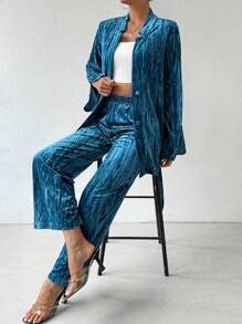 SHEIN Privé Xếp li Nhung Đứng cổ áo Thắt lưng áo Và Quần Bộ - Màu xanh ngọc - Xem 3