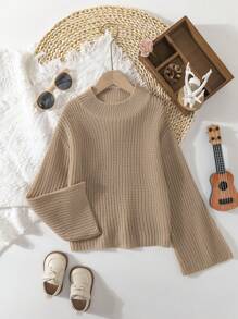 SHEIN Cô gái Tween Màu thuần Cổ thuyền viên Tay áo dài Áo chui đầu Áo len , Ngắn Chiều dài - Màu Khaki - Xem 1