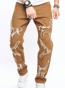 Manfinity Roghcode 男士棕色流蘇設計牛仔褲