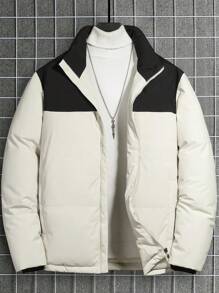 Manfinity Homme 男式宽松款拼色夹棉大衣，拉链开合，立领 - 黑與白 - 查看 1