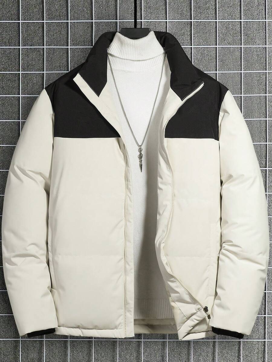 Manfinity Homme 男式宽松款拼色夹棉大衣，拉链开合，立领 - 黑與白 - 查看 1