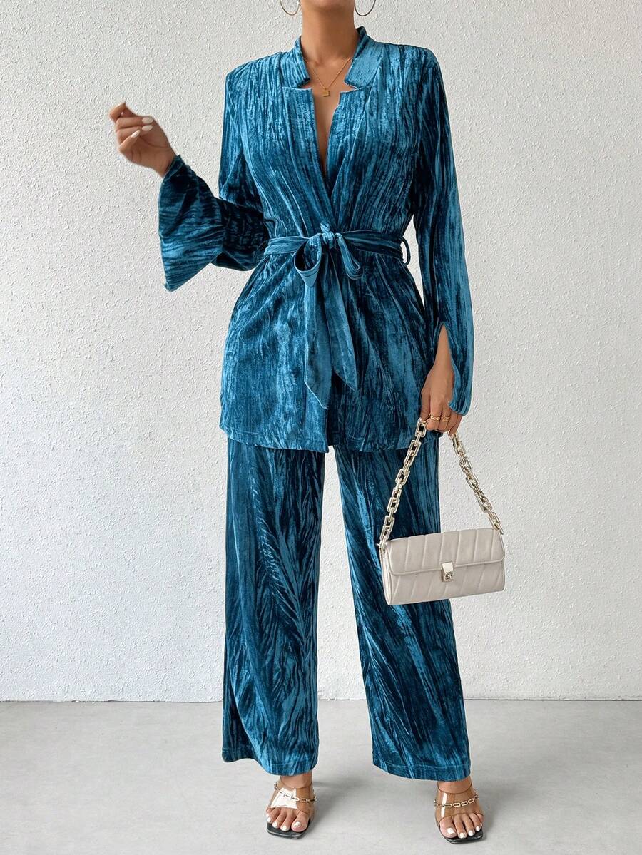 SHEIN Privé Xếp li Nhung Đứng cổ áo Thắt lưng áo Và Quần Bộ - Màu xanh ngọc - Xem 1