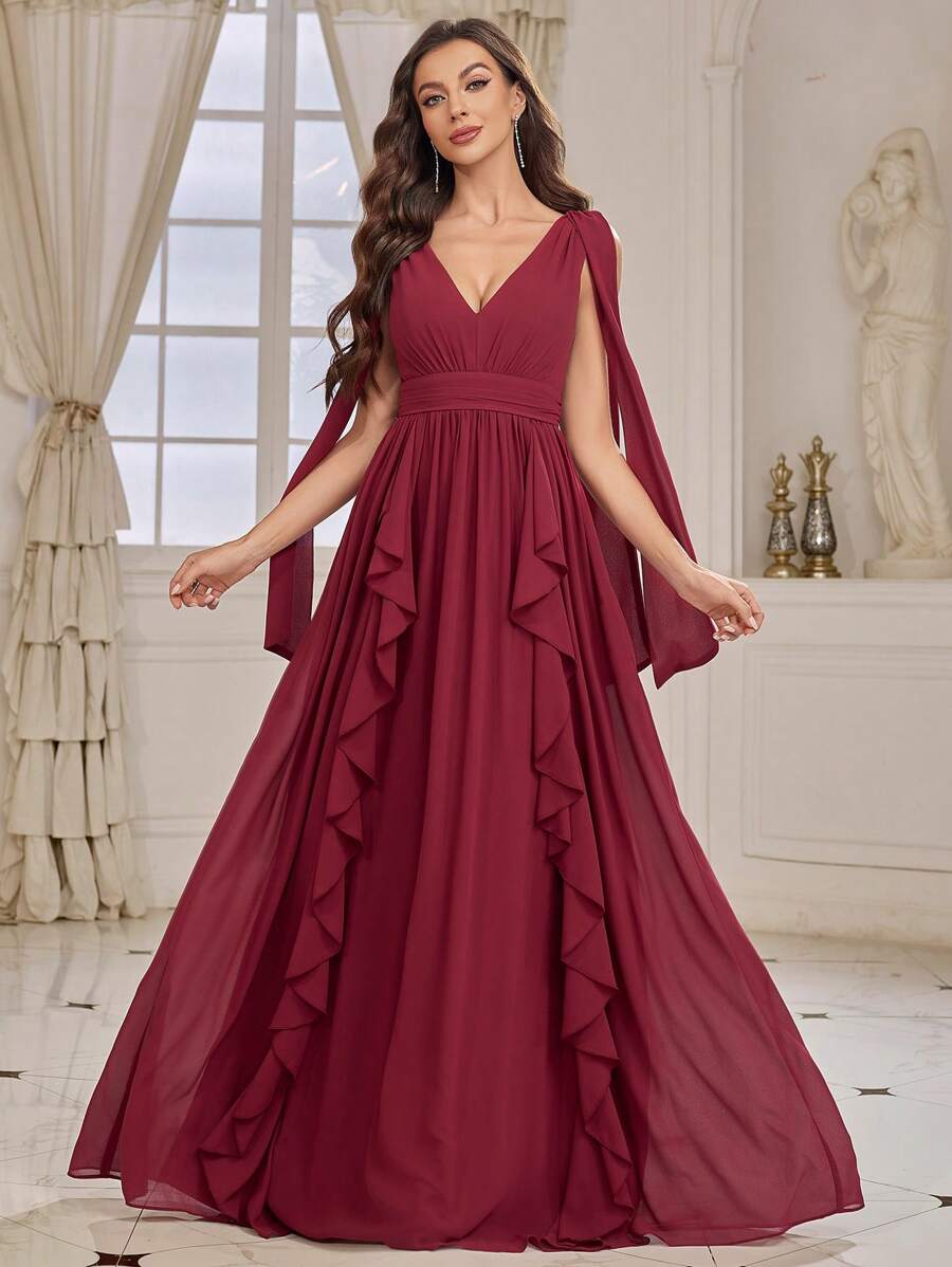 SHEIN Belle Adult Bridesmaid Dress With Fluttering Ribbon V Neck And Ruffle Hem - Burgundy - View 1