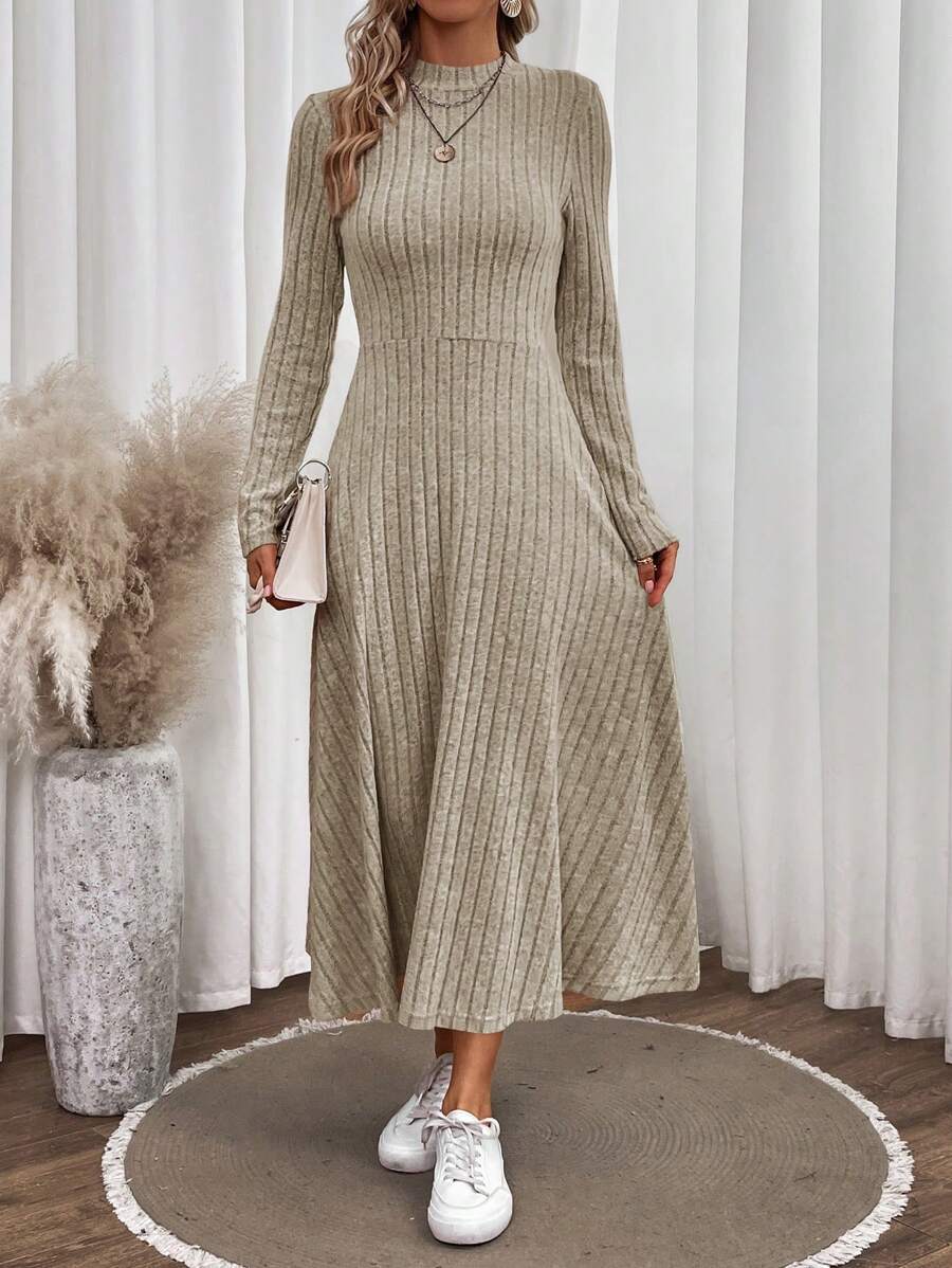 SHEIN LUNE 女式羅紋 A 字洋裝 - 杏色 - 查看 1