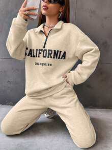 SHEIN Unity 女士半拉鍊前面印花套裝 - 杏色 - 查看 5