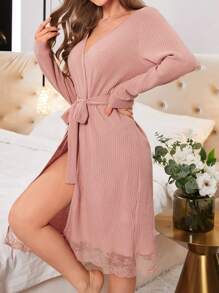 Bata De Encaje Para Mujeres Con Cinturón Y Parches Decorativos - Rosa vieja - Ver 1