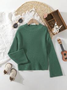 SHEIN 女童純色圓領長袖毛衣,短款 - 墨綠色 - 查看 1