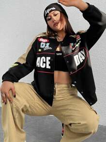 SHEIN EZwear 大碼字母圖案前紐扣飛行員夾克 - 彩色 - 查看 1