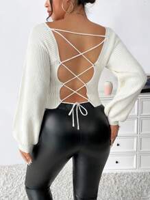 SHEIN Unity 加大码系带露背灯笼袖针织套头衫秋冬毛衣 - 白色 - 查看 1