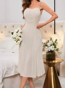 女式蕾絲拼接鈕扣綁帶背心睡衣 - 米色 - 查看 4