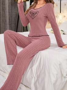 Women's Butterfly Embroidery Lettuce Edge Pajamas Set - Dusty Pink - View 3
