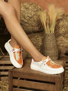 White And Orange Flower & Geometric Pattern Flat Shoes Sports Shoes Casual Shoes Tainers - Burnt Orange - View 4