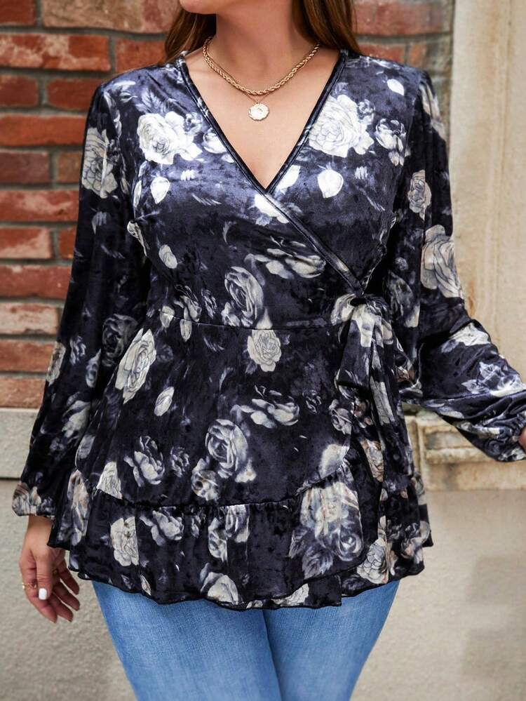 Women Plus Size V-Neck Floral Printed Lantern Sleeve Top