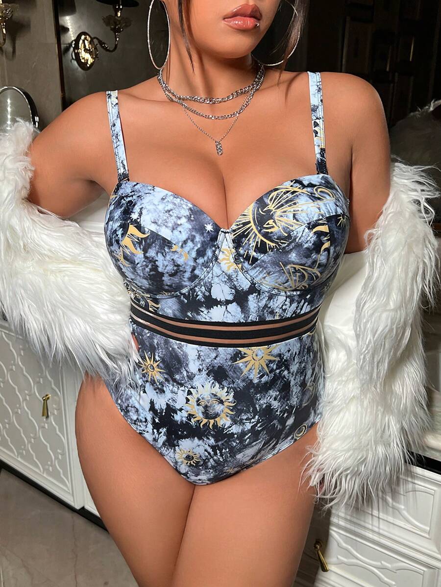 Swim EVENT 女士加大码全身印花连体泳衣，适合夏季海滩度假 - 黑色 - 查看 1