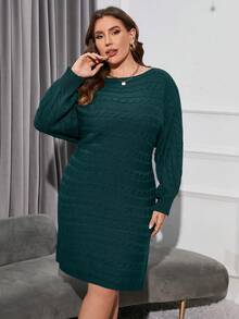 SHEIN LUNE 女士加大號深綠色纜繩針織毛衣連衣裙 - 綠色 - 查看 5