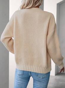 SHEIN LUNE Solid Colored Drop Shoulder Sweater Knit Pullover Fall Winter Outfit - Khaki - View 2