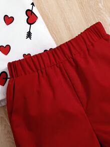SHEIN 年輕男孩字母和心形紋理襯衫套裝,配裝片領和短褲 - 紅白色 - 查看 6