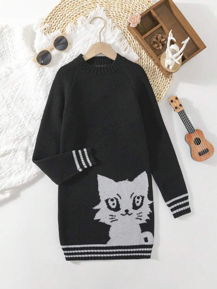 Tween Girls' Fresh & Cute Cat Jacquard Mid-Length Sweater Dress For Winter