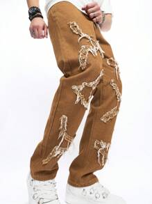 Manfinity Roghcode 男士棕色流蘇設計牛仔褲