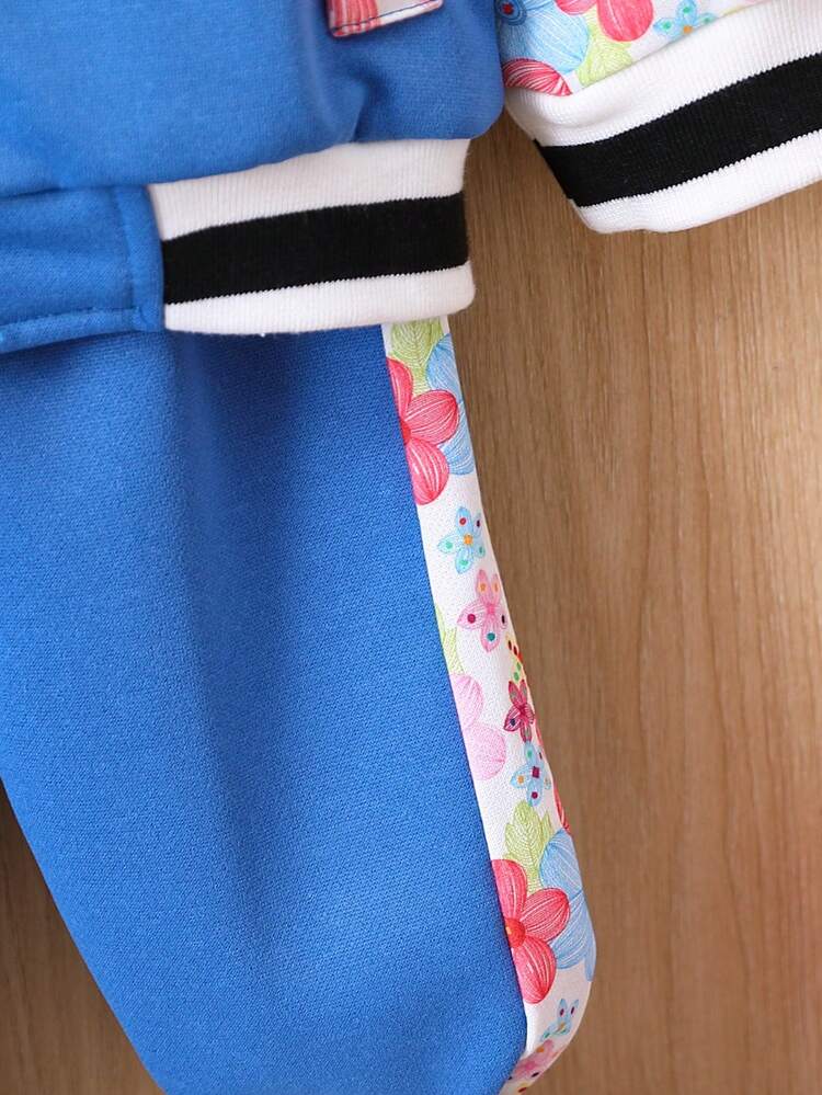 Baby Girl Floral Print Raglan Sleeve Varsity Jacket & Sweatpants