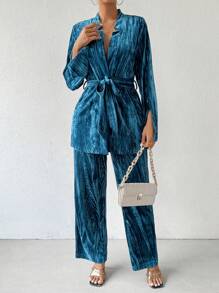 SHEIN Privé Xếp li Nhung Đứng cổ áo Thắt lưng áo Và Quần Bộ - Màu xanh ngọc - Xem 4