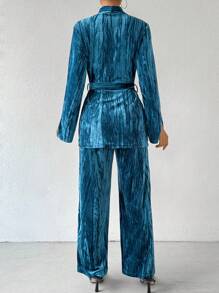 SHEIN Privé Xếp li Nhung Đứng cổ áo Thắt lưng áo Và Quần Bộ - Màu xanh ngọc - Xem 2