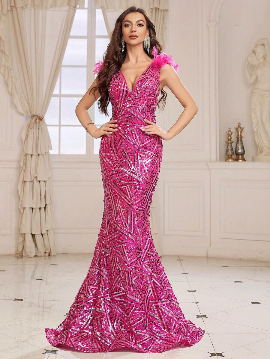 SHEIN Belle Vestido De Gala Formal De Noche De Pluma De Hombro Para Mujer (estilo De Alta Resistencia)