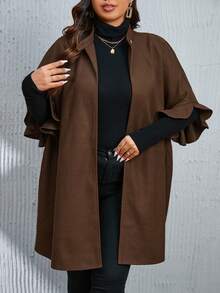 Plus Size Women's Woolen Coat With Flounce Sleeves And Single-Breasted Button Design - Coffee Brown - View 6