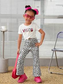 女童日常休閒針織短袖圓領上衣和短褲套裝,適用於家居 - 彩色 - 查看 5