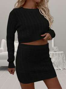 SHEIN LUNE Plus Size Solid Color Sweater Set - Black - View 4