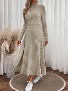 SHEIN LUNE 女式羅紋 A 字洋裝 - 杏色 - 查看 5