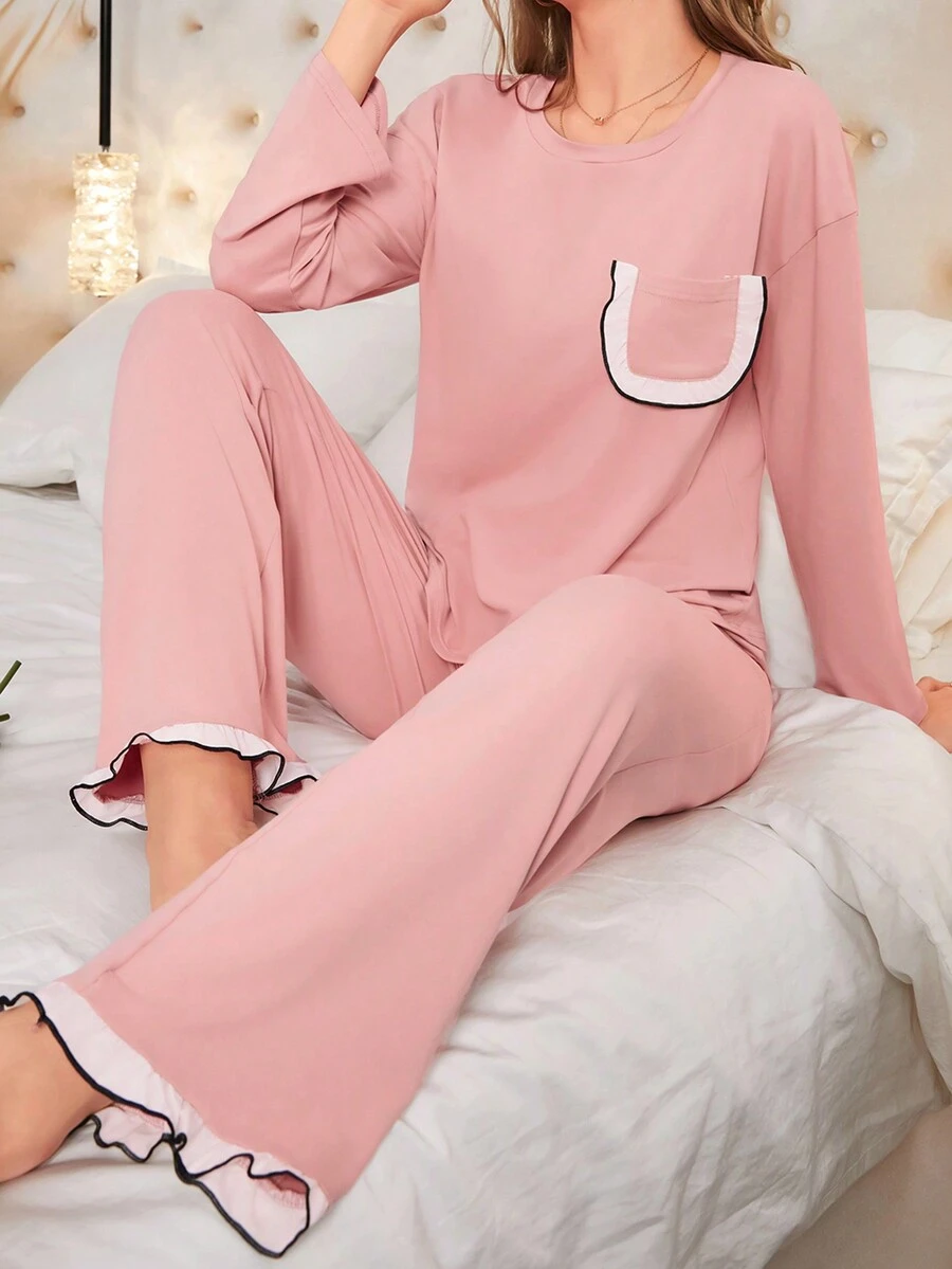 Women's Ruffle Hem Pocket Drop Shoulder T-shirt And Pants Pajama Set - Pink - View 1
