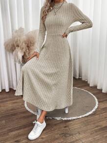 SHEIN LUNE 女式羅紋 A 字洋裝 - 杏色 - 查看 6