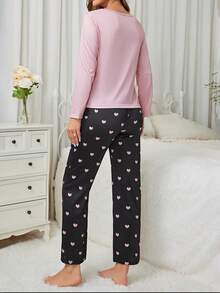 女士字母心形印花睡衣套裝 - 粉色 - 查看 3