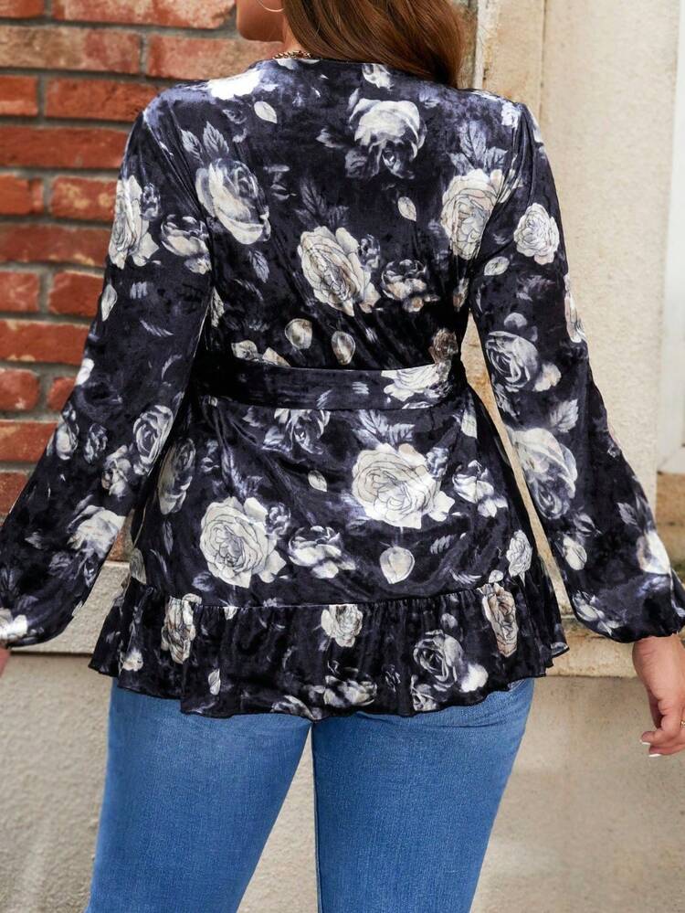Women Plus Size V-Neck Floral Printed Lantern Sleeve Top