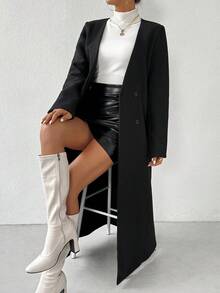 SHEIN Clasi 無領兩扣長毛呢外套 - 黑色 - 查看 6