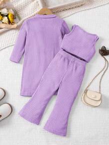 SHEIN Genkimix Kids Young Girls Ribbed Long-Sleeved Jacket, Vest And Flared Pants Three-Piece Set - Purple - View 2