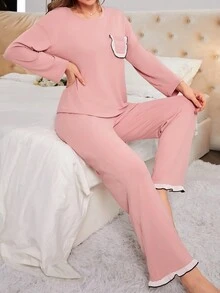 Women's Ruffle Hem Pocket Drop Shoulder T-shirt And Pants Pajama Set - Pink - View 3