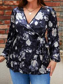 EMERY ROSE 女式大码 V 领花卉印花灯笼袖上衣