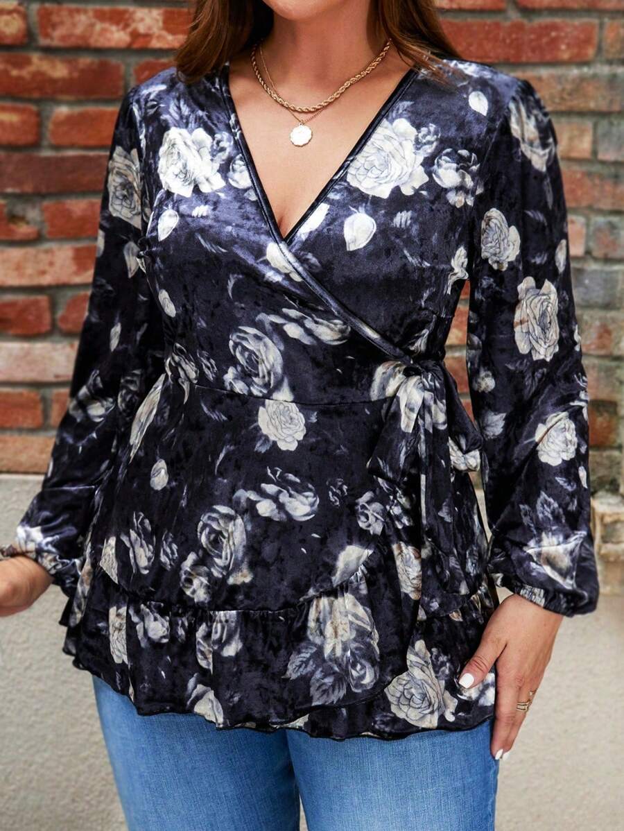 EMERY ROSE 女式大码 V 领花卉印花灯笼袖上衣